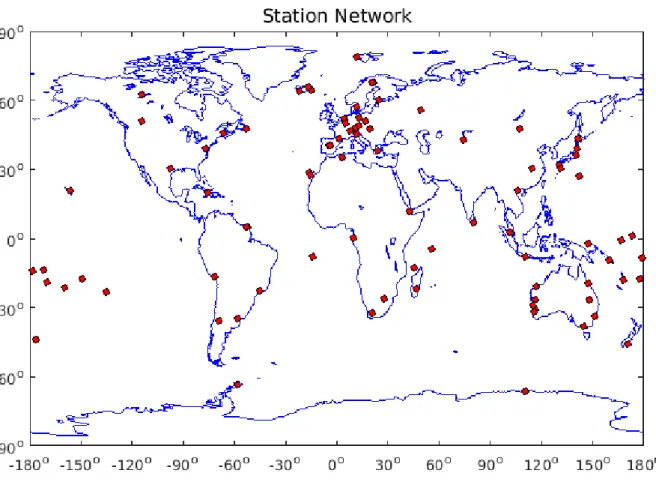 Fig.  4.1:  Station  network  used  for  the  experiments,  that  provides  GPS  and  Galileo  measurements (as of 01/01/2017)