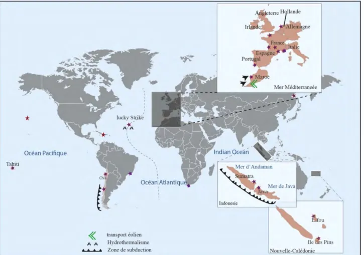 Figure 1 Localités des échantillons de MCS étudiées au cours de cette thèse.