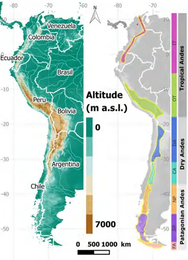 Figure 1.1: Elevation range of the Andes Cordillera (from SRTM 4.1 data resampled at 500 m) and the defini- defini-tion of Glacio-climatological regions used through the manuscript