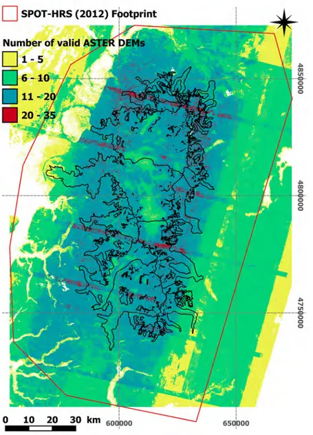 Figure 2.8: Spatial footprint of the SPOT5-HRS DEM for year 2012 (red line). The colour code corresponds to the number of ASTER elevation measurements available for every pixel from year 2000 to 2012 (after excluding elevation values outside the following accepted elevation range: within 150 m from the median of all DEMs on ice, and within 100 m off ice).