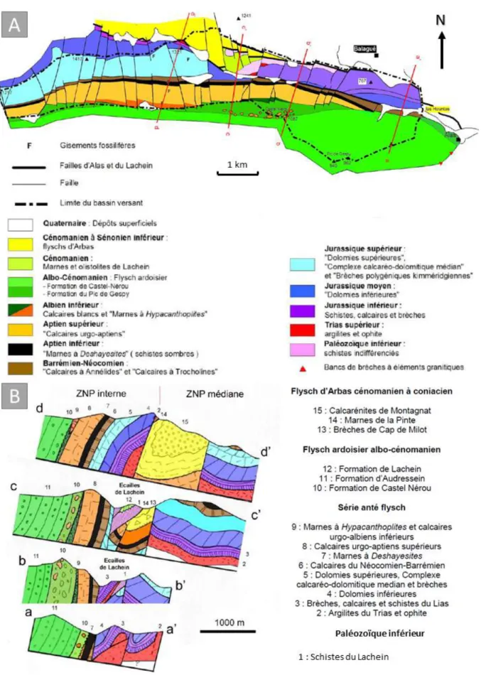 Figure 2.3 – A) Carte géologique et B) coupes géologiques du bassin versant du Baget, modifié d’après Debroas [2009]