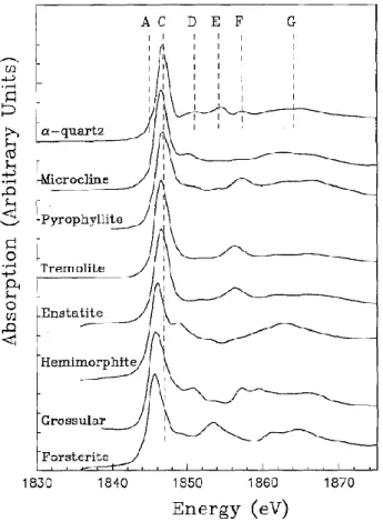 Figure  19  :  Spectres  XANES  enregistrés  au  seuil  K  du  Si  sur  divers  silicates  dont  de  la 