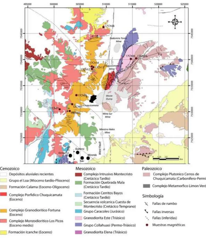Figura 2.2 Mapa geológico del Distrito de Chuquicamata. Muestra la ubicación de los principales  depósitos minerales presentes en el área