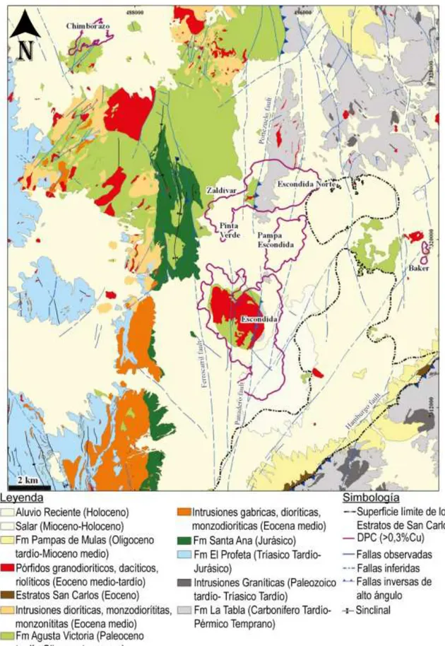 Figura 2.6 Mapa geológico del Distrito Minero Escondida. Muestra la distribución de las distintas  unidades litológicas y principales depósitos minerales