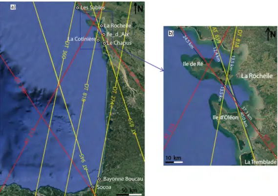 Figure 2. Google Earth image of the study area (a) with superposition of theoretical traces altimetry