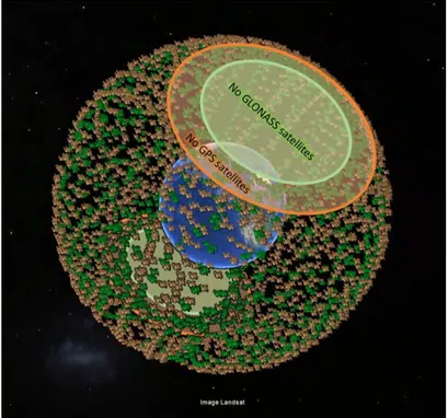 Figure II.1 – Coverage density of the two oldest GNSS constellations: the US GPS system (orange) and the Soviet GLONASS system (green)