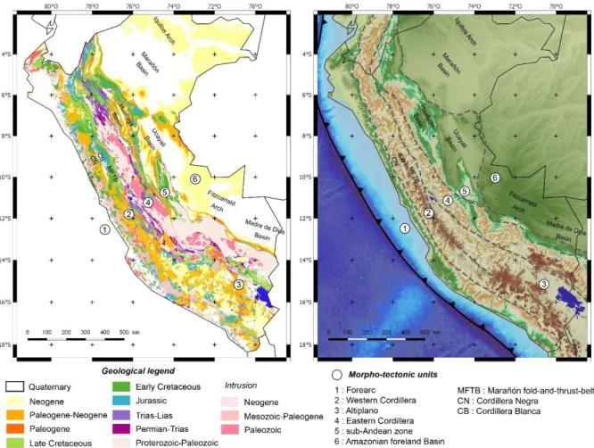 Figure I-10 : Carte géologique du Pérou au millionième (à gauche) issue de l’INGEMMET,  et carte topographique correspondante montrant les unités morpho-tectoniques des Andes 