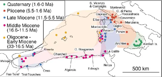 Figure 10: Répartition géographique et âges des différents affleurements de roches volcaniques dans  la Méditerranée occidentale (modifié d’après Rosenbaum et al., 2002)