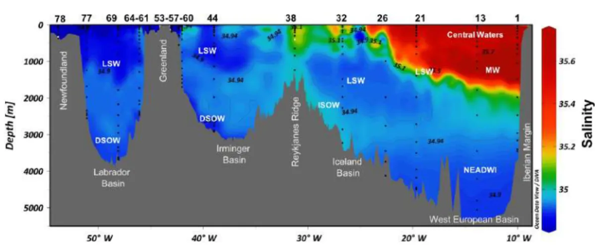 Figure 3. Distribution of salinity (CTD data) along the GA01 section. The different water masses are also reported, following García-Ibáñez et al