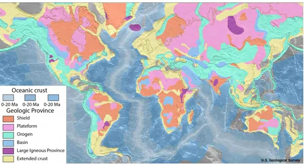 Figure  1  Carte  du  monde  des  provinces  géologique  disponible  via  le  lien :  https://earthquake.usgs.gov/data/crust/maps.php 