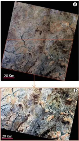 Figure II.4:  Comparaison  (a)  des  bandes  OLI  brute  avec  beaucoup  de  bruits  à  la  (b)  combinaison  des  bandes  b1,  b2  et  b3  soumises  à  un  prétraitement  en  utilisant  le  module 