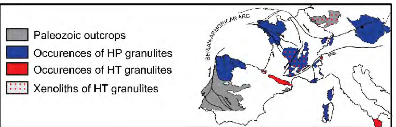 Figure 1.4 : Principaux affleurements du socle varisque d'Europe et occurrences de granulites varisques de  HT et HP, modifié d'après Pin et Vielzeuf, 1983