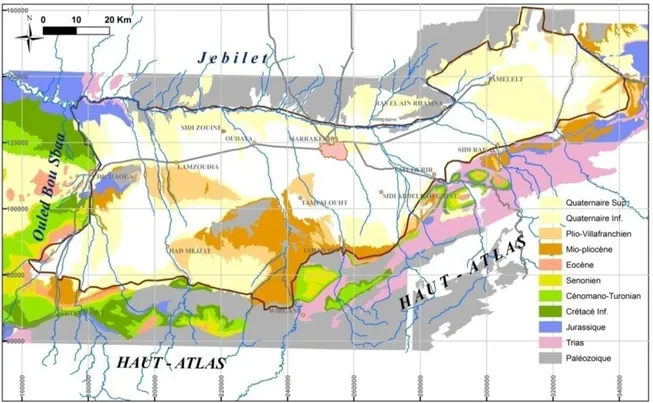 Figure 2 : Carte géologique montrant la plaine du Haouz et ses limites (extrait de la  carte géologique au 1/500000).