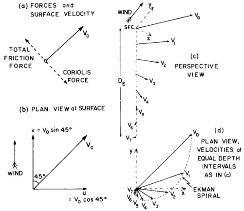 Figure 1.6. Wind-driven currents from Ekman analysis (a) net frictional stress balances