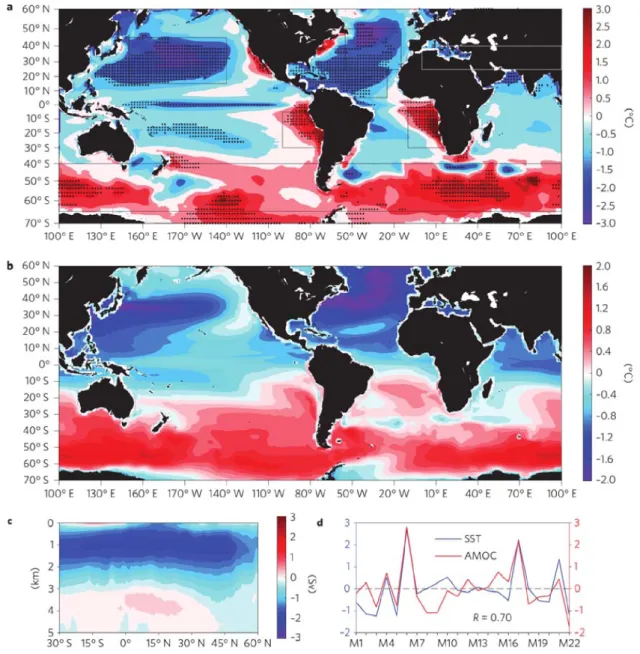 Figure 1.14. Global SST bias and its relationship with the AMOC. (a), The annual-mean SST bias averaged in 22 climate models