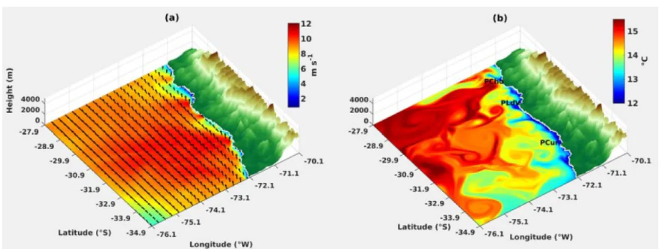 Figure 1.16. Map illustrating the main features of the surface circulation off central Chile (spring 2008), as simulated by the regional atmospheric (WRF) and oceanic (ROMS) models: