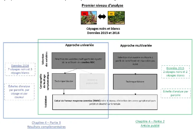 Figure 30 : Schéma des méthodes (niveau d’analyse, approche et échelle d’analyse) et données d’entrée utilisées dans la  partie 2 et 3 de ce chapitre IV