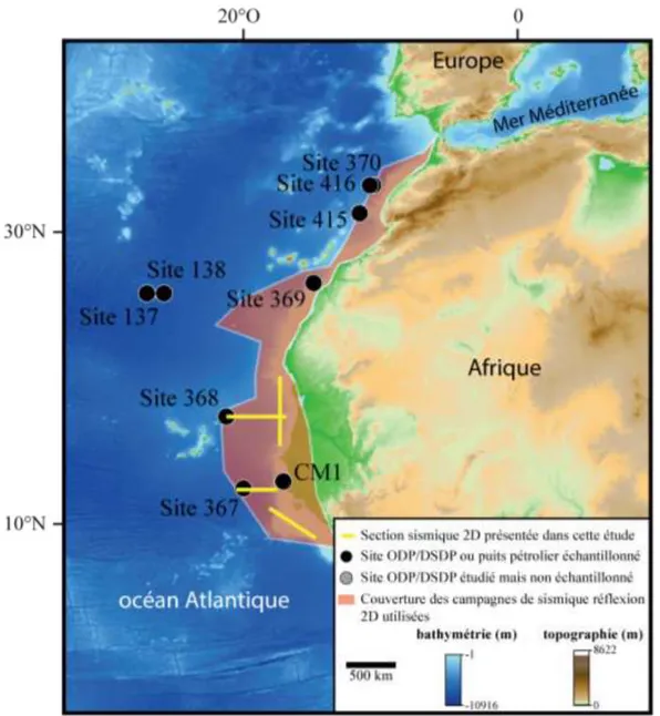 Figure 1.3. Carte de localisation des profils régionaux de sismique réflexion 2D  présentés dans ce manuscrit 