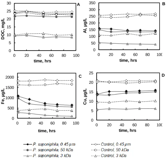 Fig. 2.3. Organic carbon (A), Al (B), Fe(C) and Cu (D) concentration over time in 3  fraction of peat leachate in the presence of P