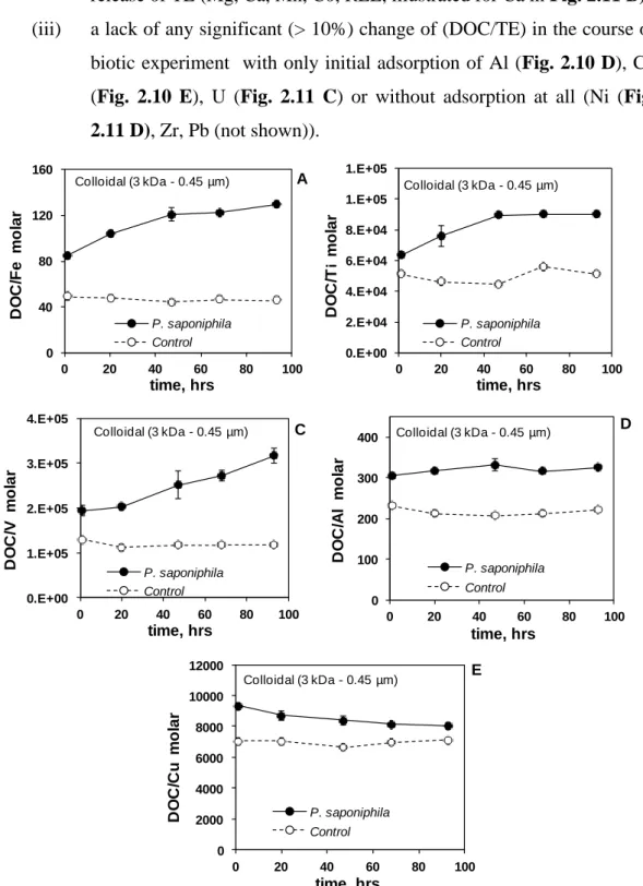 Fig. 2.10. Evolution of DOC/TE ratio in colloids (3 kDa – 0.45 µm) in the course of  experiment  with  P