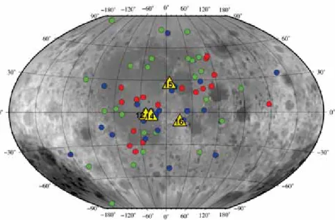 Figure 2.3 – Map of the Moon centered on the near side, showing the location of the four lunar seismometers (yellow triangles) and all seismic events used in this study (blue dots : impacts, green dots : shallow moonquakes, red dots : deep moonquakes)