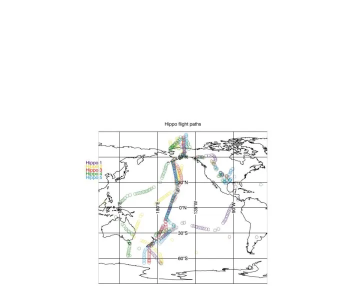 Figure 3. Flight paths of HIPPO campaigns used for GOSAT N 2 O validation: HIPPO 1 (January 2009, purple), HIPPO 2 (October-November