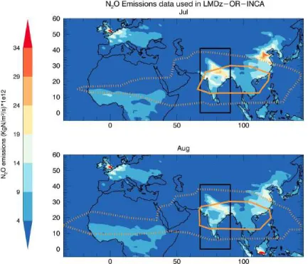 Figure 9. Monthly averaged Asian N 2 O surface emission ﬂuxes (kg m 2 s 1 ) used in LMDz-OR-INCA simulations in (top)