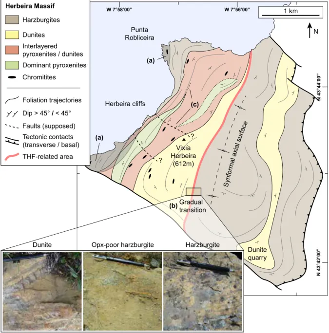 Fig. III. 2. Geological map of the Herbeira massif: a. sheath-fold deformation crosscuting lithological contacts 