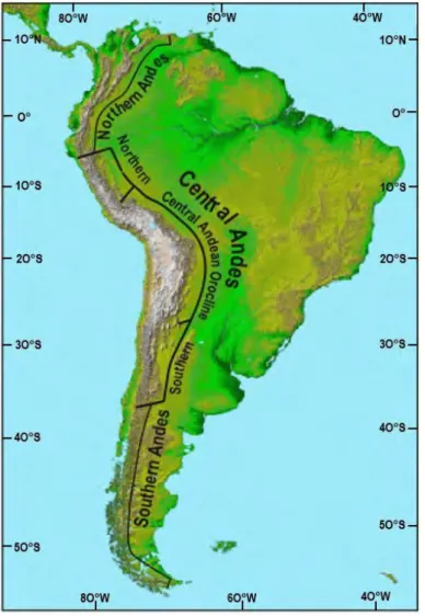 Figure 2.4 ‒ Segmentation of the Andes at different latitudes, after Sempere et al. (2002)