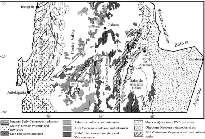 Figure 2.6 ‒ Geological map of the Antofagasta region between 22°S to 24°S., after Mpodozis et al., (2005)