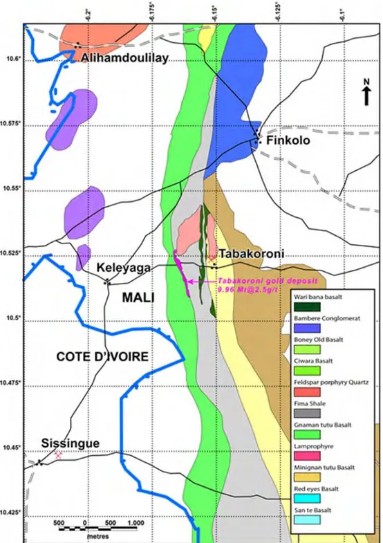 Figure  26  :  Carte  de  la  ceinture  de  Bagoé  au  niveau  du  gisement  de Tabakoroni  (d’après  Ballo et al