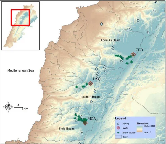 Fig. 3.1. Location of the three study river basins in Mount Lebanon and the location of the three automatic weather  stations (AWSs)