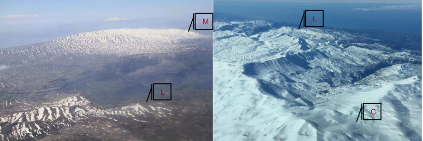 Fig. 3.2. Overview of the mountain topography at (a) Laqlouq and Mzar, and (b) Cedars, Mount Lebanon