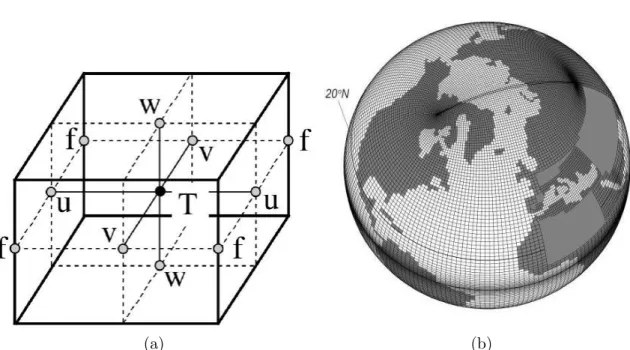 Figure 2.1 – (a) Positionnement des points de calcul des diff´ erentes variables. T se situe au centre de la maille
