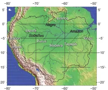 Figure 2.8 – Le bassin de l’Amazone  : le cours principal  et ses principaux  aﬄuents.