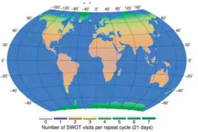 Figure  1.15  –  Nombre  de  revisites  de  SWOT sur  une  période  de  répétitivité  (21  jours)  sur  les  surfaces continentales  (les océans sont masqués en bleu)  entre les latitudes  78 ◦   S et 78 ◦   N.