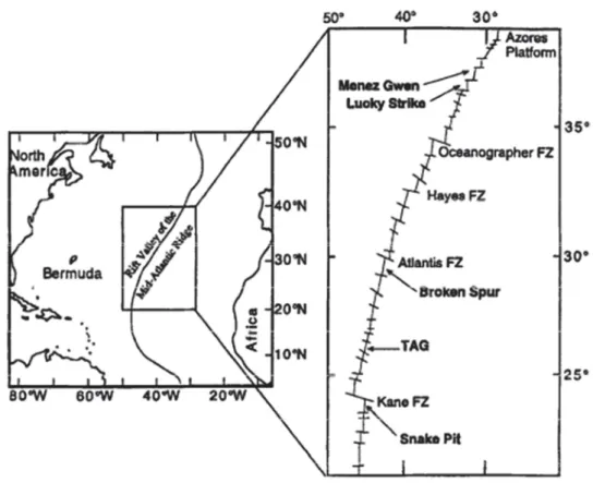 Figure II - 1 Map of the Northern Mid Atlantic ridge showing the major segments from Langmuir et al