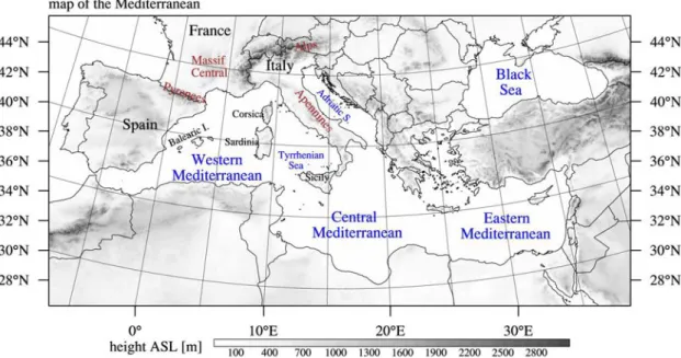 Figure 1.1: Map of the Mediterranean with geographical references and terrain height contours.