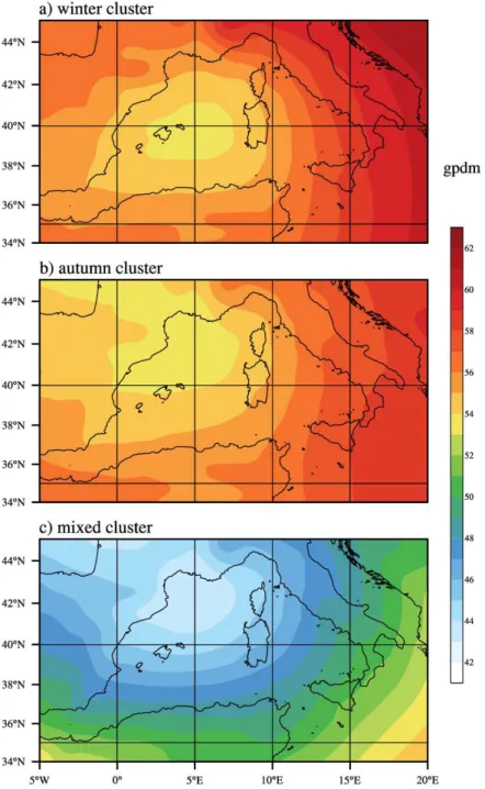 Figure 2.6: Average 950 hPa geopotential for each of the identified clusters.