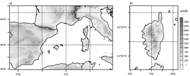 Figure 3.1: Map of the Meso-NH domain setup showing Domain 1 (a) and the nested Domain 2 (b).