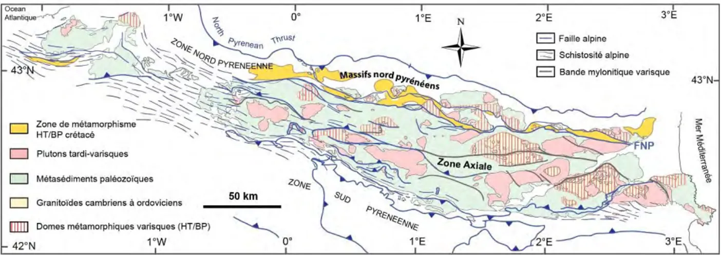 Figure 1-13: Carte géologique simplifiée des Pyrénées, avec localisation du socle varisque à l’affleurement et des zones  affectées par les déformations alpines (d’après Choukroune &amp; Séguret, 1973a et Izquierdo-Llavall et al., 2013b)