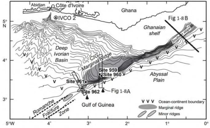 Figure 1-7 Bathymetric framework of the Ivory Coast-Ghana transform margin. Leg 159 sites are indicated by solid  circles