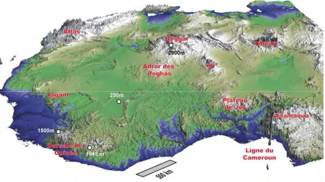 Figure 2-2 Vue oblique vers le NE de la topographie NW de l’Afrique (Grimaud, 2014). 