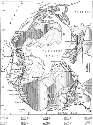 Figure 2-5 Eléments structuraux majeurs précambriens et paléozoïques de l’Afrique de l’Ouest