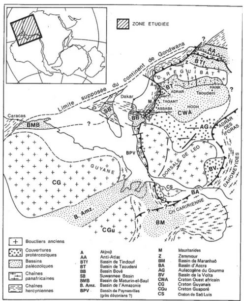 Figure 2-6 Reconstitution de la bordure NW du continent de Gondwana à la fin du Paléozoïque (Villeneuve, 1988)