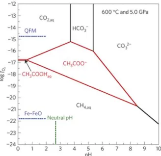 Fig. 1.7. pH-fO 2  diagram of carbon speciation in the system C-O-H at 600 °C and 5.0 GPa, 