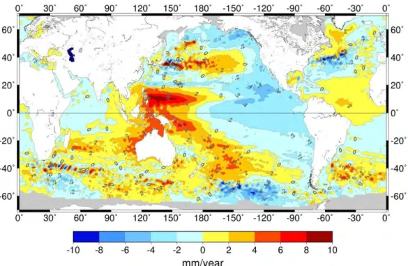 Figure  3.1:  Satellite  altimetry  based  sea  level  spatial  trend  pattern  over  1993-2013  (uniform  global  mean trend of 3.2 mm/yr removed) 