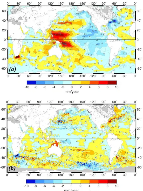 Figure 3.2: (a) Ishii and Kimoto, 2009 steric sea level spatial trend pattern (uniform global mean trend  removed), (b) difference between altimetry-based and steric sea level trend patterns over 1993-2013