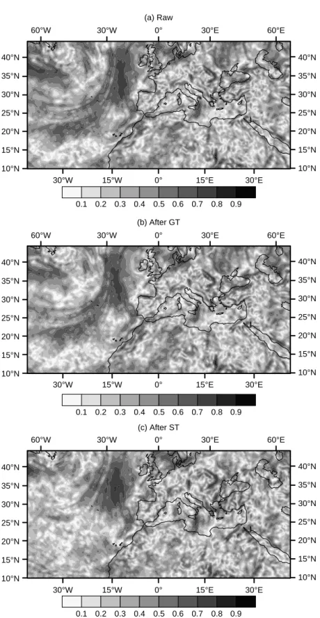 Fig. 6. Maps of anisotropy for (a) the raw ensemble, (b) the ensemble undeformed with the GT, and (c) the ensemble undeformed with the ST