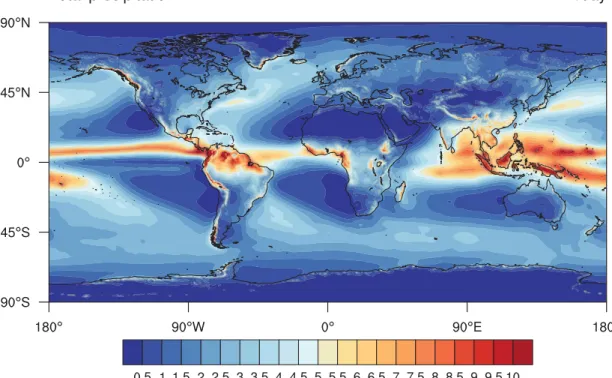 Figure 1.5: Moyenne annuelle des pr´ ecipitations (mm/jour) pendant la p´ eriode 1979- 1979-2014 estim´ ee dans la r´ eanalyse MERRA.